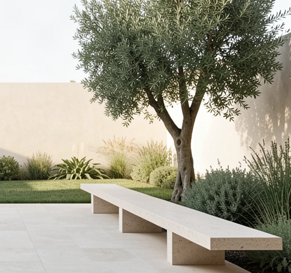 Sunlight across a stone bench in a conceptual courtyard